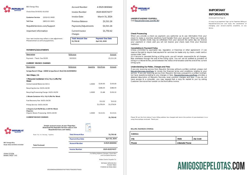 Formatos Word e PDF da fatura de serviços públicos de energia dos serviços da República dos EUA, 2 páginas amostra